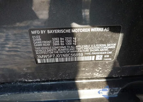 2022 BMW 3 Series 330E z USA, uszkodzony, nr VIN 3MW5P7J01N8C56859